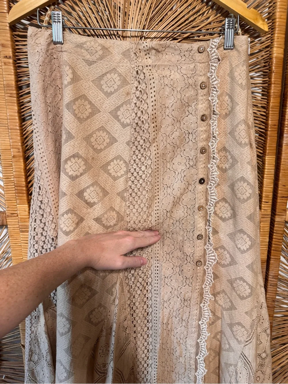 Free People Set| OOAK Hand Tea Dyed by me| Boho Lace Maxi Skirt - Beige| Sz: 2 - Picture 15 of 16